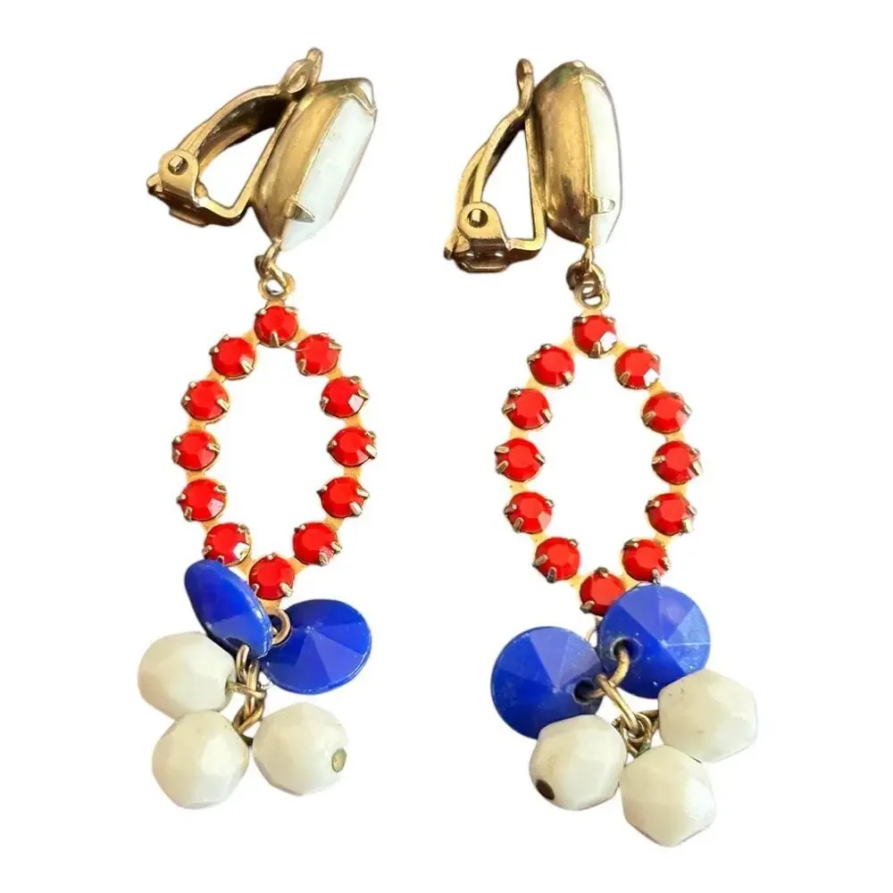 Lewis Segal California Earrings Red White Blue Dangle Clip Ons 2.5”